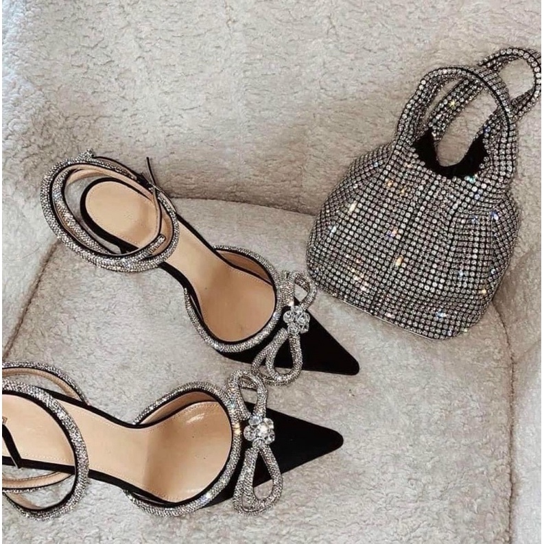 Giày cao gót nơ đá dây quấn cổ chân MM cao 10p