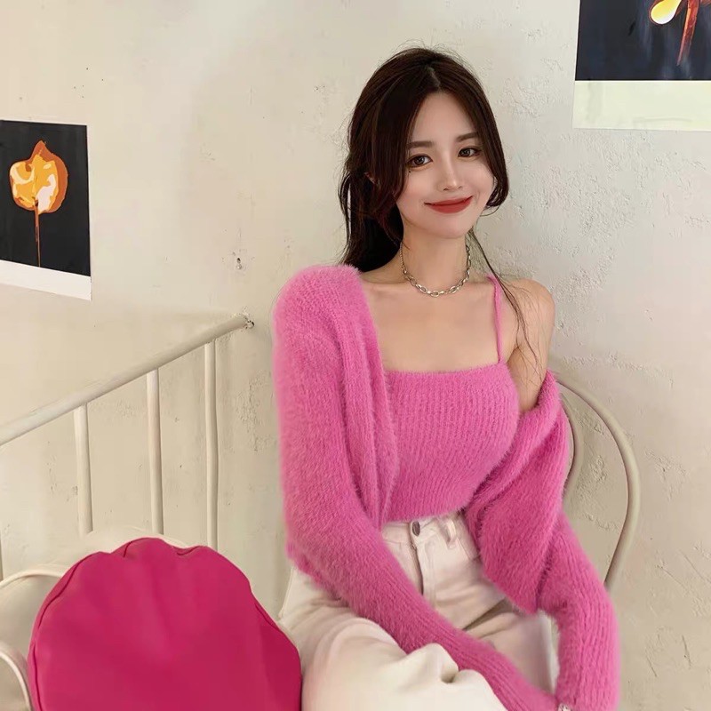 Set áo 2 dây + áo khoác lông hồng/trắng xinh xắn phong cách thu đông
