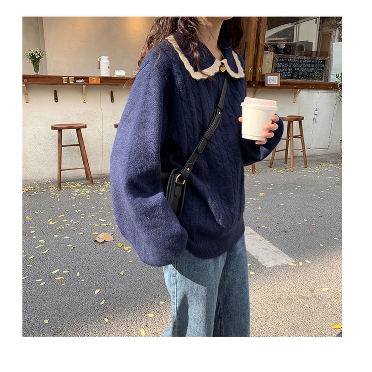 [Spot] Áo len cổ búp bê nữ dệt kim lỏng phong cách Hàn Quốc