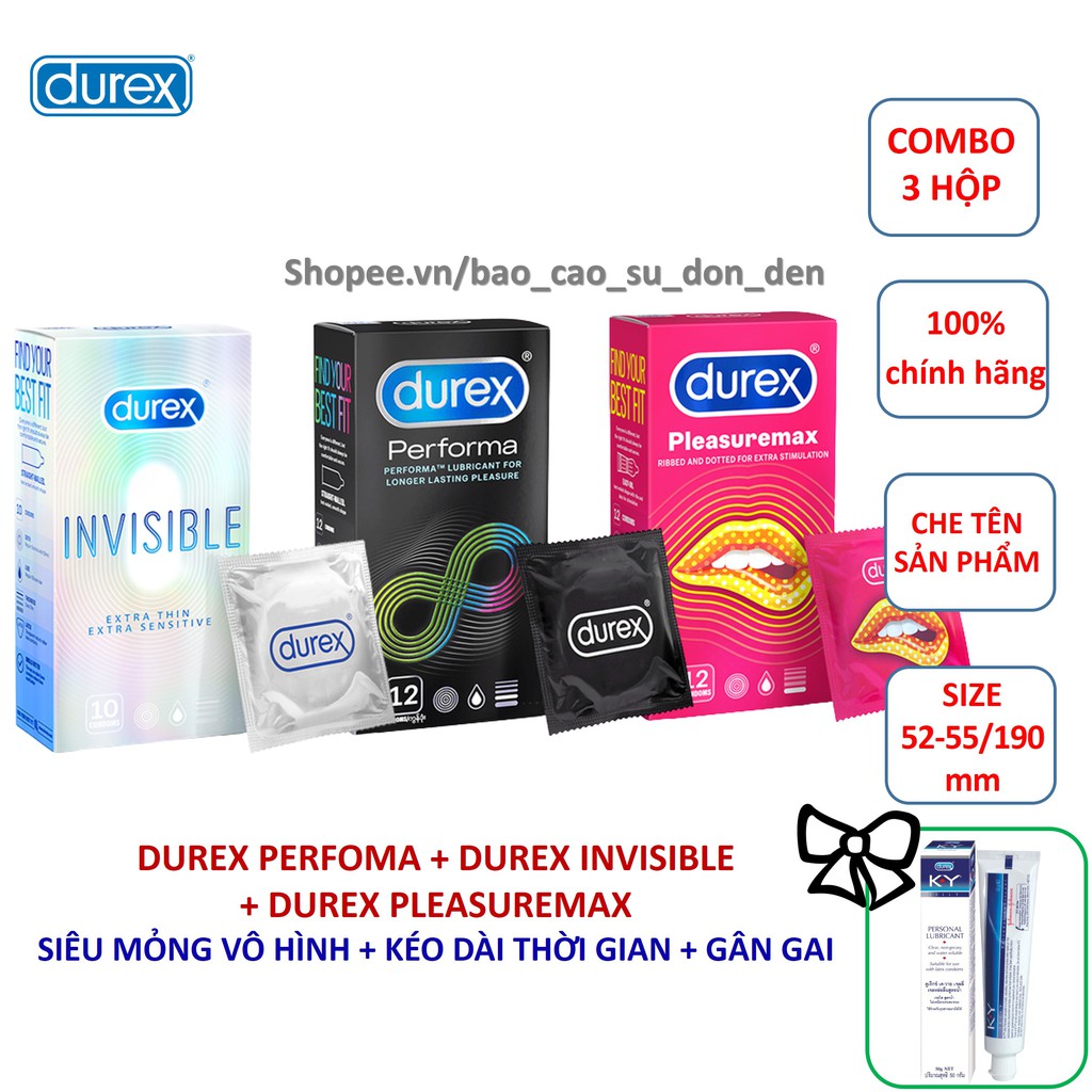 [BAO CAO SU DUREX] COMBO 12 bao cao su Durex Pleasuremax + 12 bao cao su Durex Performa + 10 bao cao su Durex Invisible