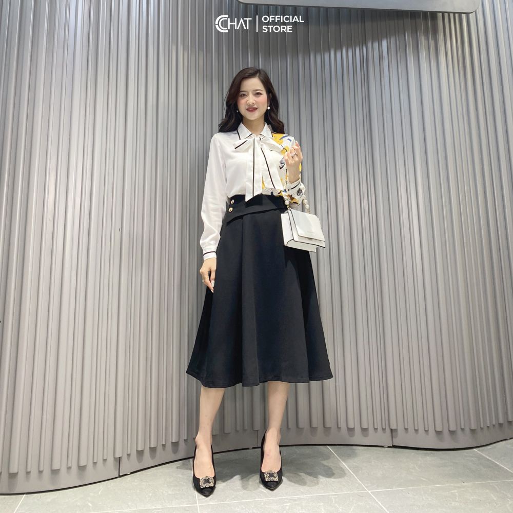 Chân váy midi cạp vạt lệch CCHAT
