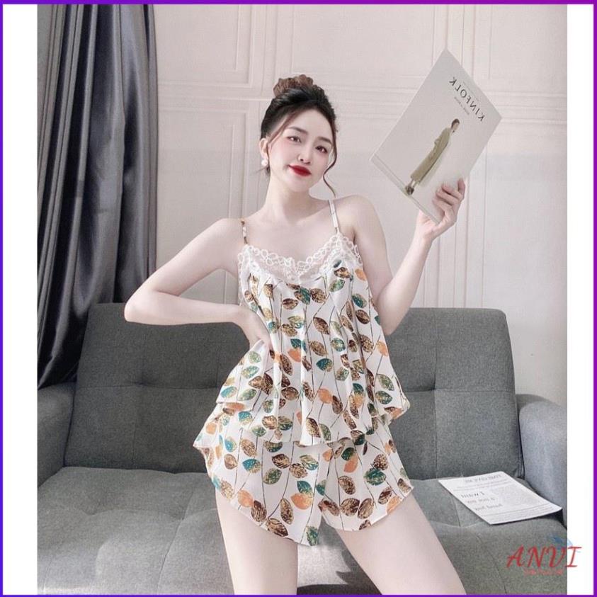 Đồ Bộ Mặc Nhà Nữ ANVI, Đồ Ngủ 2 Dây Lụa Mát Không Nhăn Quần Đùi Ngắn Phối Ren Hở Lưng Dưới 65kg . | BigBuy360 - bigbuy360.vn
