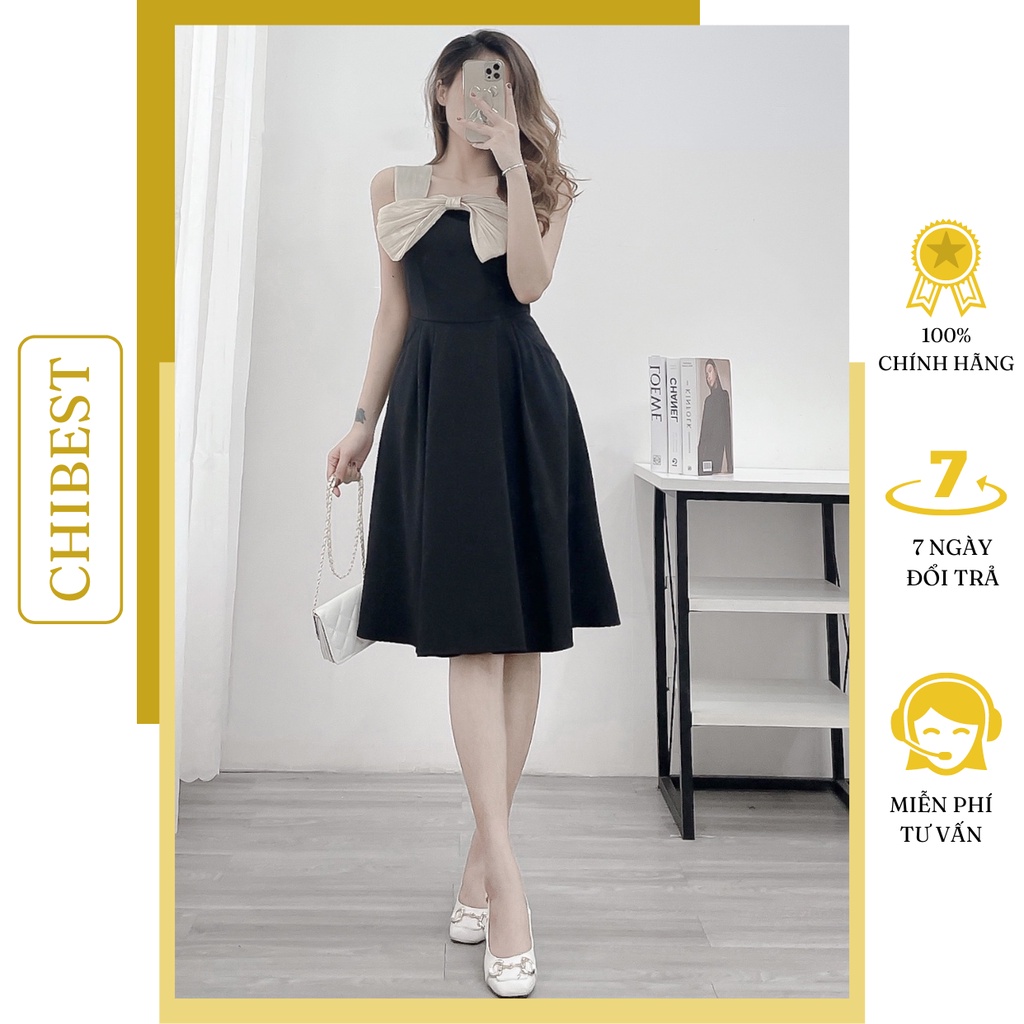 Đầm xòe dài 2 dây phối nơ ngực Nhẹ Nhàng CHIBEST HDB74
