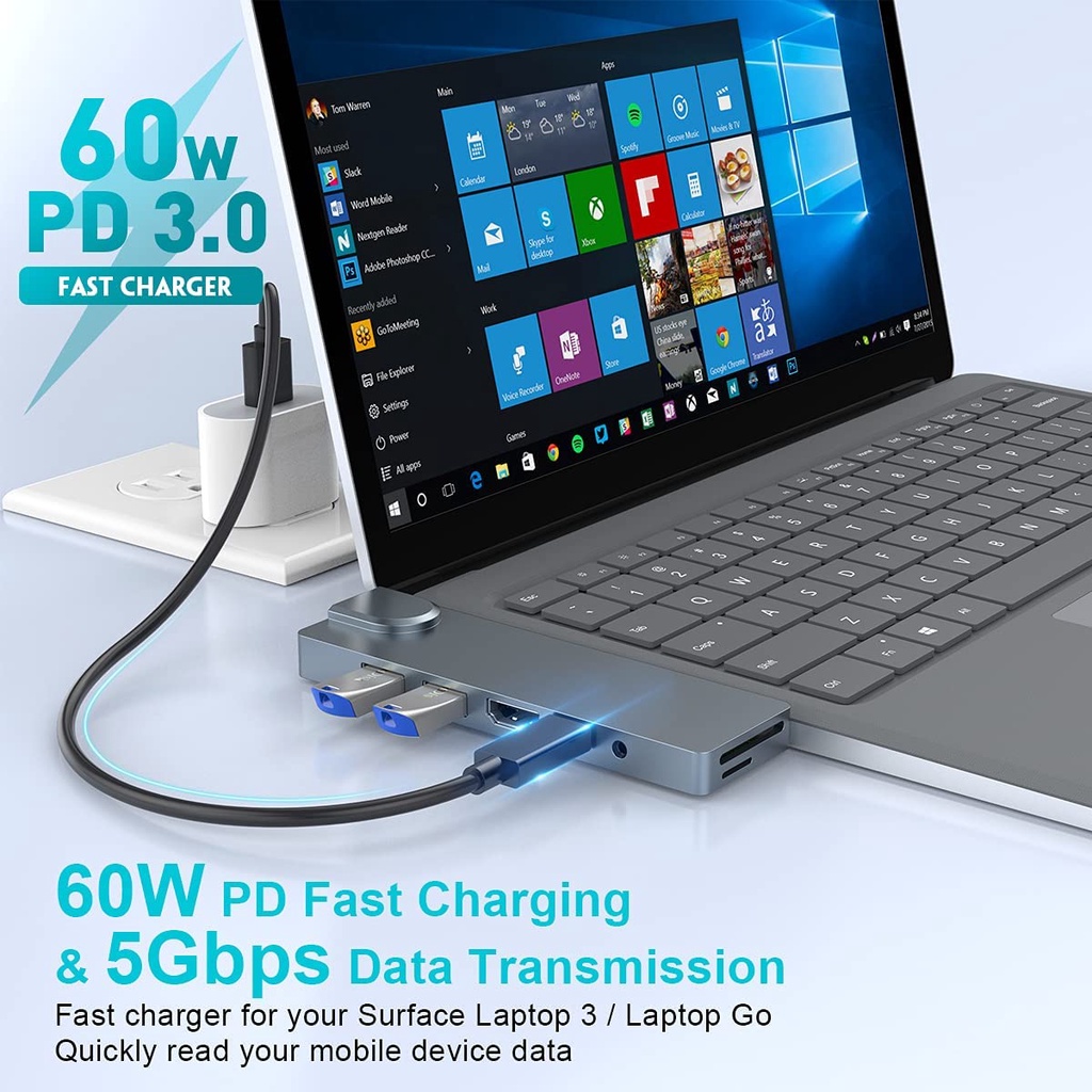 Đế Gắn laptop Bề Mặt microsoft 3 / 4 4k hdmi / gigabit / 60w usb-c pd, 2 usb 3.0