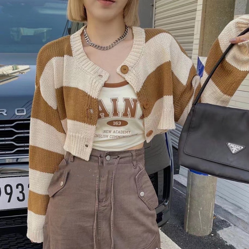 Áo dệt kim SUXI kẻ sọc vintage thời trang mùa thu cho nữ