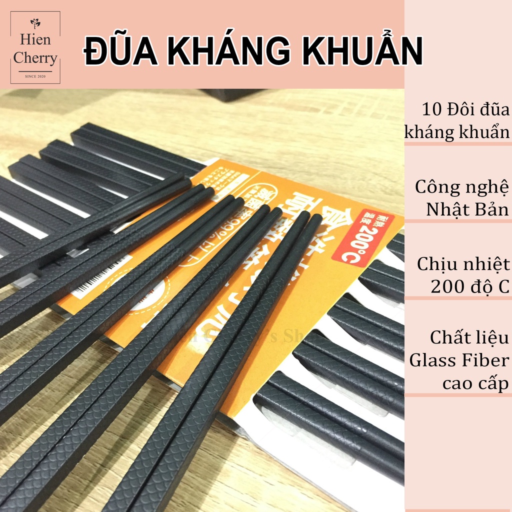 Set 10 đôi đũa kháng khuẩn chống nấm mốc, chịu nhiệt 200 độ C, chất liệu sợi thủy tinh cao cấp, công nghệ Nhật Bản