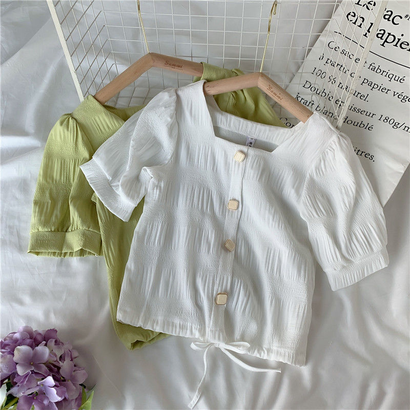 Áo sơ mi nữ BH tay ngắn phối dây xinh xắn thời trang 2021