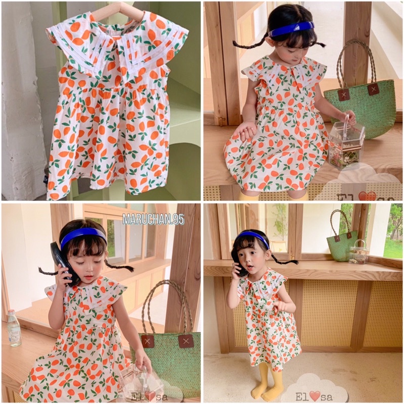 Váy hè Váy hoạ tiết quả cam cổ bèo xinh xắn cho bé từ 7-18kg chất liệu đũi loại một mềm, nhẹ, thoáng mát