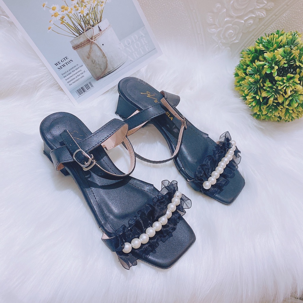 BÁN GIÁ GỐC - GIÀY SANDAL NỮ TIỂU THƯ QUAI NGANG REN ĐÍNH HÀNG NGỌC ĐIỆU ĐÀ GÓT VUÔNG 4P