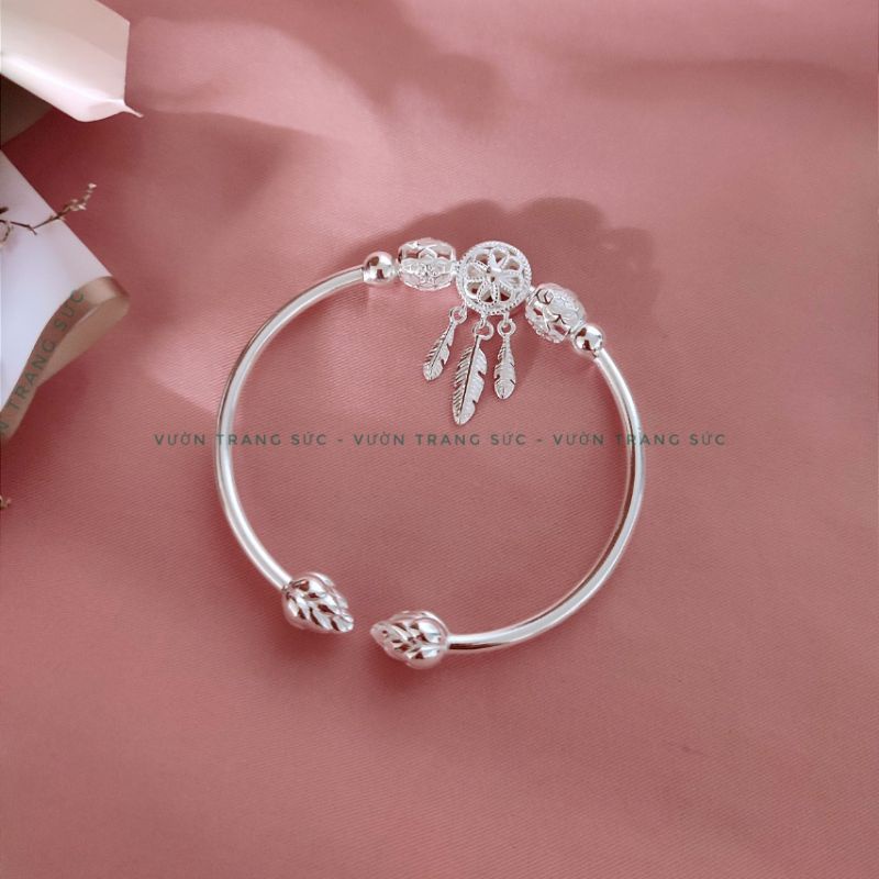 Vòng tay bạc nữ S925 - Lắc tay nữ bạc S925 Cuff nụ sen charm Drecat vintage Vườn Trang Sức VTSVT019