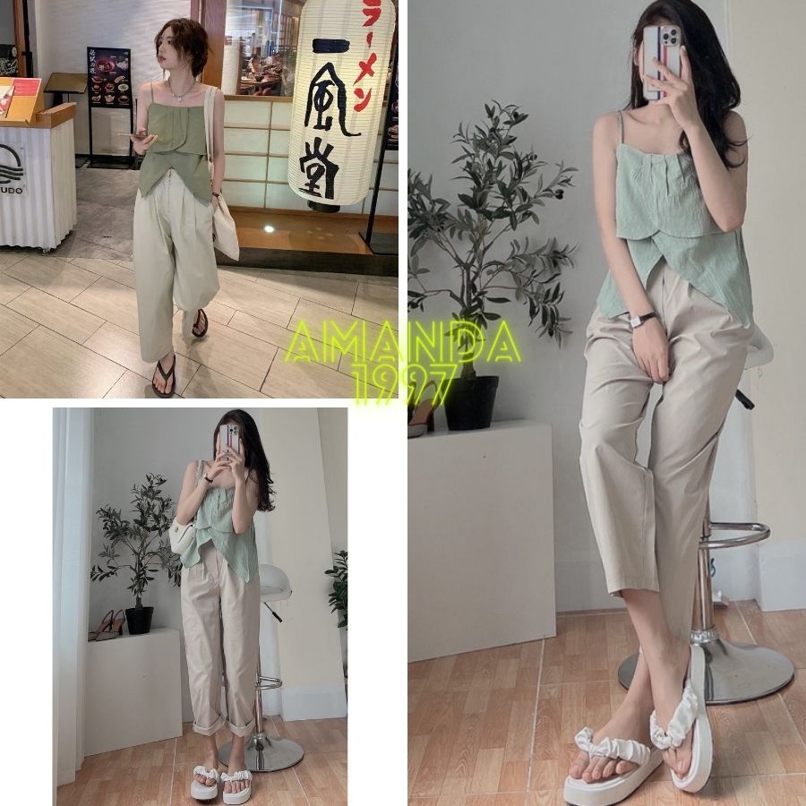 {amanda} set áo 2 dây đũi siêu xinh kèm quần kaki be basic