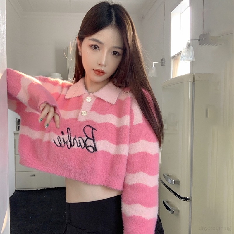 Áo Croptop Tay Dài Dáng Rộng Thiết Kế Cổ Chữ V Phong Cách Hàn Quốc