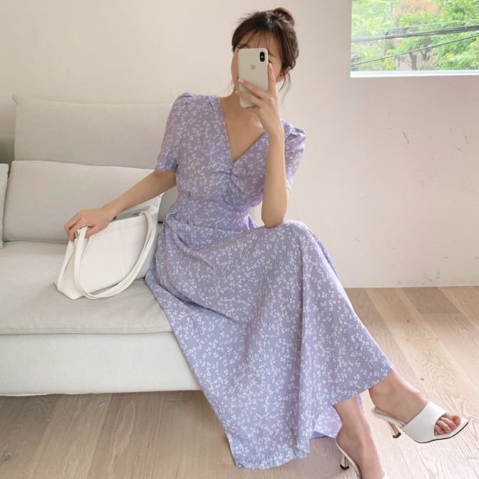 Đầm voan hoa ngắn tay cổ chữ V xinh xắn cho nữ 43524