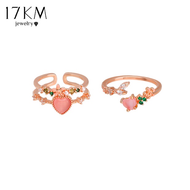 Nhẫn dạng mở 17KM hình trái tim hoa màu hồng đính ngọc trai pha lê ngọt ngào cho nữ