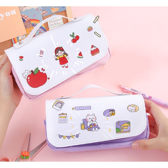 Hộp bút pastel quai xách gấu thỏ HB271 bóp viết cute dễ thương (nền trắng tự dán sticker)