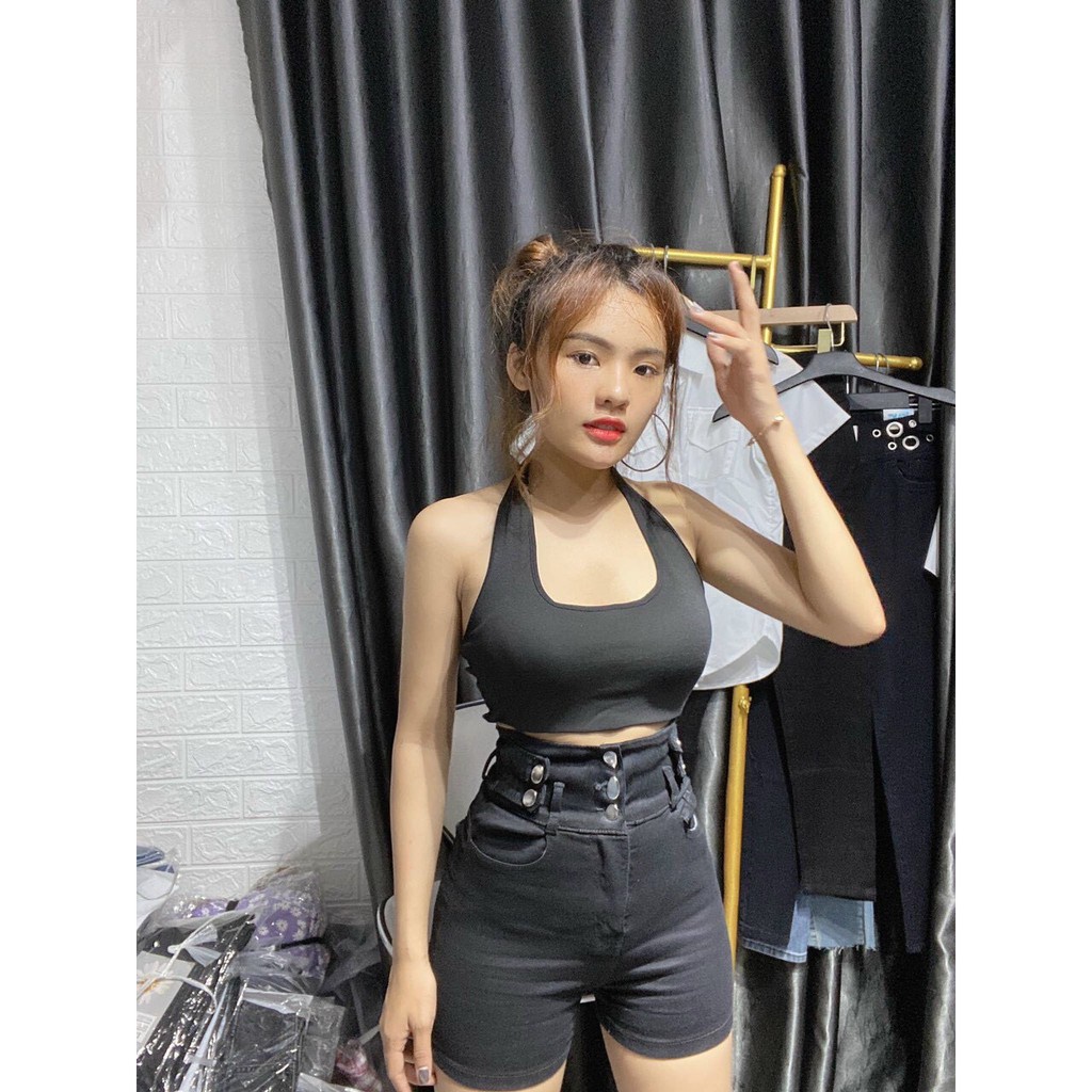 Quần đùi kaki nữ lưng cao phối nút hàng chuẩn Trend Fashionista