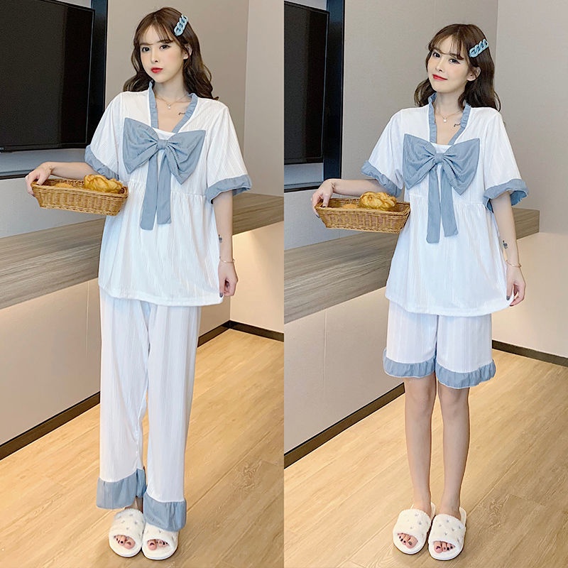 Bộ Đồ Ngủ Tay Ngắn Dáng Rộng Phối Nơ Dễ Thương Thời Trang Mùa Hè Cho Nữ