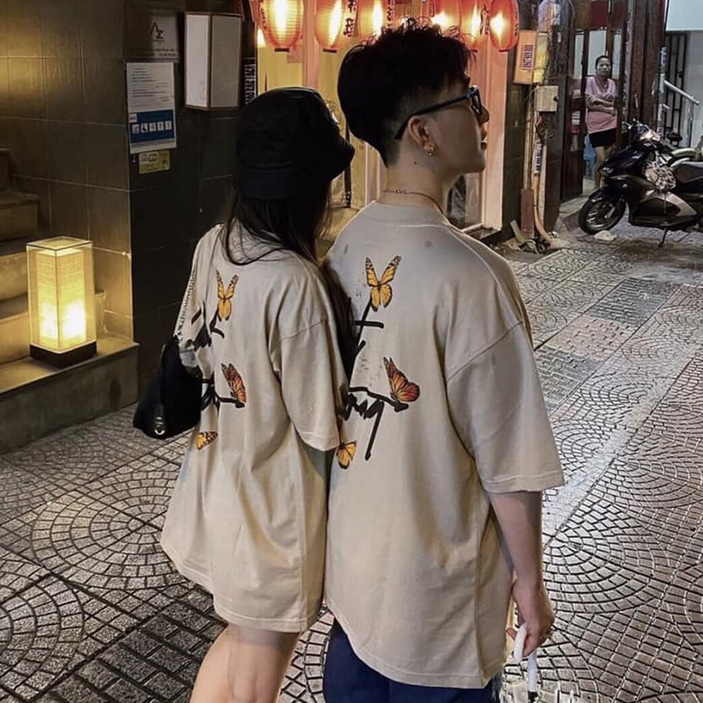 Áo thun nữ tay lỡ freesize phông form rộng dáng Unisex, mặc lớp, nhóm, cặp in hình BƯỚM chữ CHUOT TRANG màu nude sữa | BigBuy360 - bigbuy360.vn