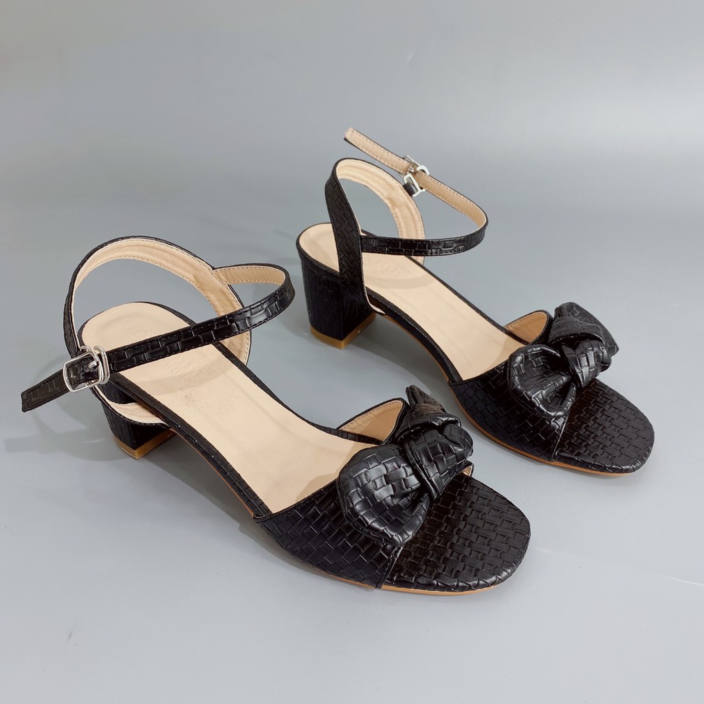 Giày sandal cao gót nữ 7cm GÓT XINH GD17 quai phối nơ đế trụ vuông