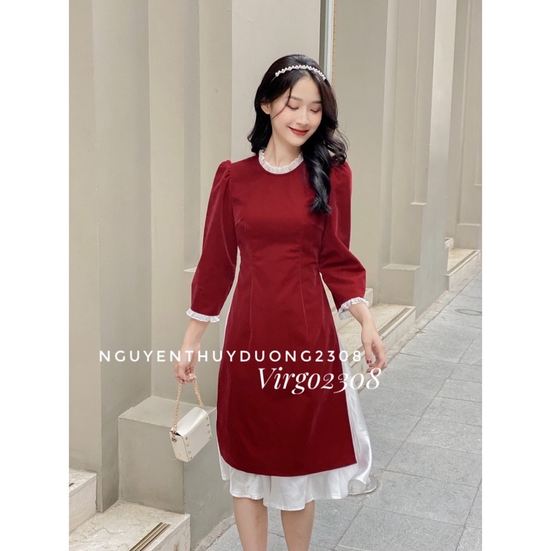 [HÀNG MỚI VỀ]SET ÁO DÀI ĐỎ CỔ BÈO MIX CHÂN VÁY TRẮNG TIỂU THƯ SANG CHẢNH
