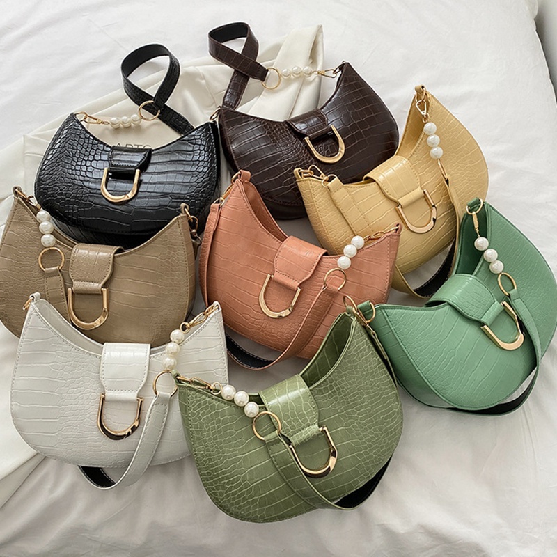 IELGY Túi Đeo Vai Hình Tròn In Họa Tiết Da Cá Sấu Đính Ngọc Trai Giả Thời Trang Cho Nữ