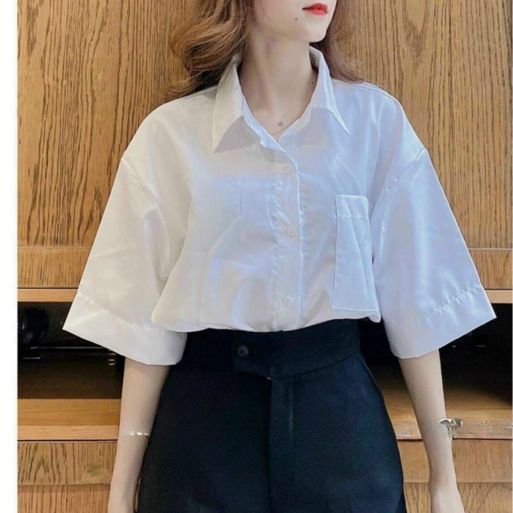 Áo sơ mi học sinh tay lỡ form rộng Xquin, Áo sơ mi cổ trụ phối túi đi học cực xinh