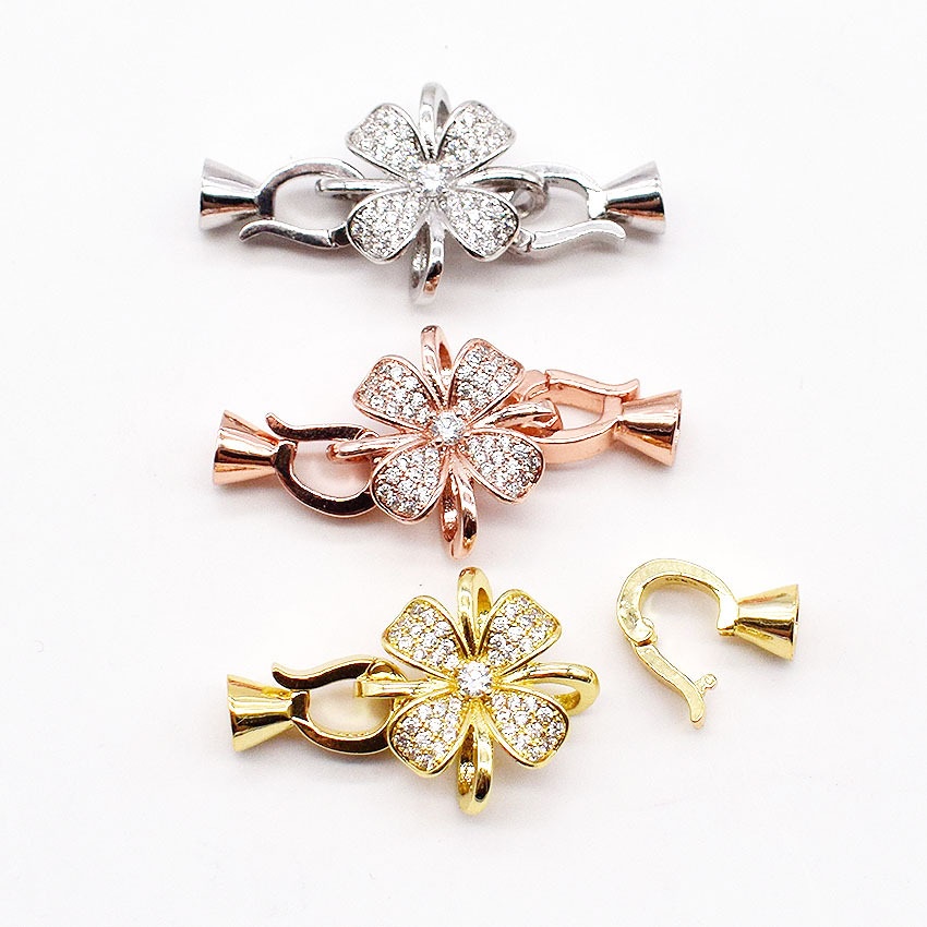 [K35B] Phụ kiện trang sức (DIY) - Chốt khóa cỏ 4 lá nạm đá gắn mặt làm vòng cổ vòng tay