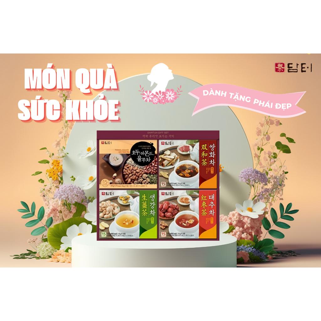 [Deal Sốc Mua 1 Tặng 1] Set Quà Tặng Cao Cấp Gồm 4 Hộp Trà Và Bột Ngũ Cốc Damtuh Tặng Kèm Mật Ong Chanh Hàn Quốc Hũ 1kg