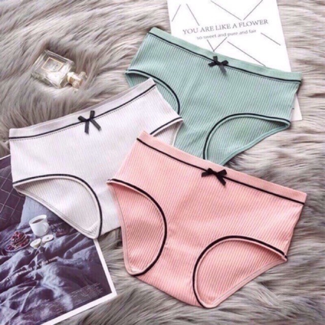 Quần Lót Cotton Nữ Tăm Cạp Nơ Phối Viền Đen khuẩn xuất Nhật