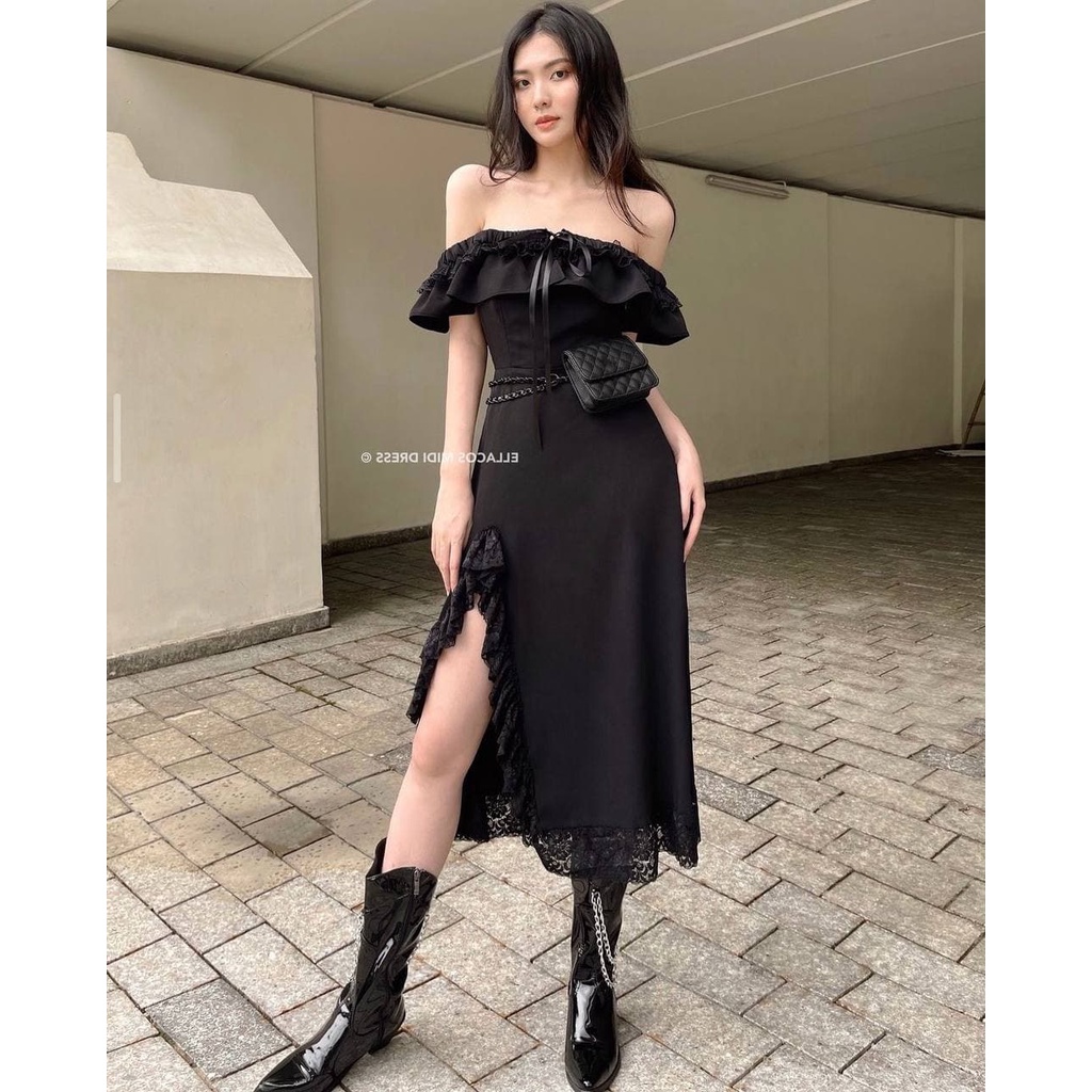 Đầm Trễ Vai Xẻ Đùi Phối Viền Ren MIDI, Đầm maxi xẻ đùi, trễ vai kết hợp viền ren thiết kế TN1366 | BigBuy360 - bigbuy360.vn