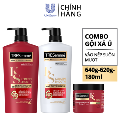 Combo Gội 640g, Xả 620g &amp; Ủ 180ml Tresemme Keratin Smooth Với Dầu Dưỡng Tóc Argan &amp; Keratin Vào Nếp Suôn Mượt