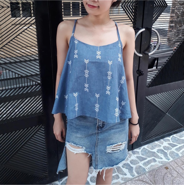 ✅Sale lỗ vốn Áo kiểu vải linen xanh jean họa tiết newtag chỉ 45k!