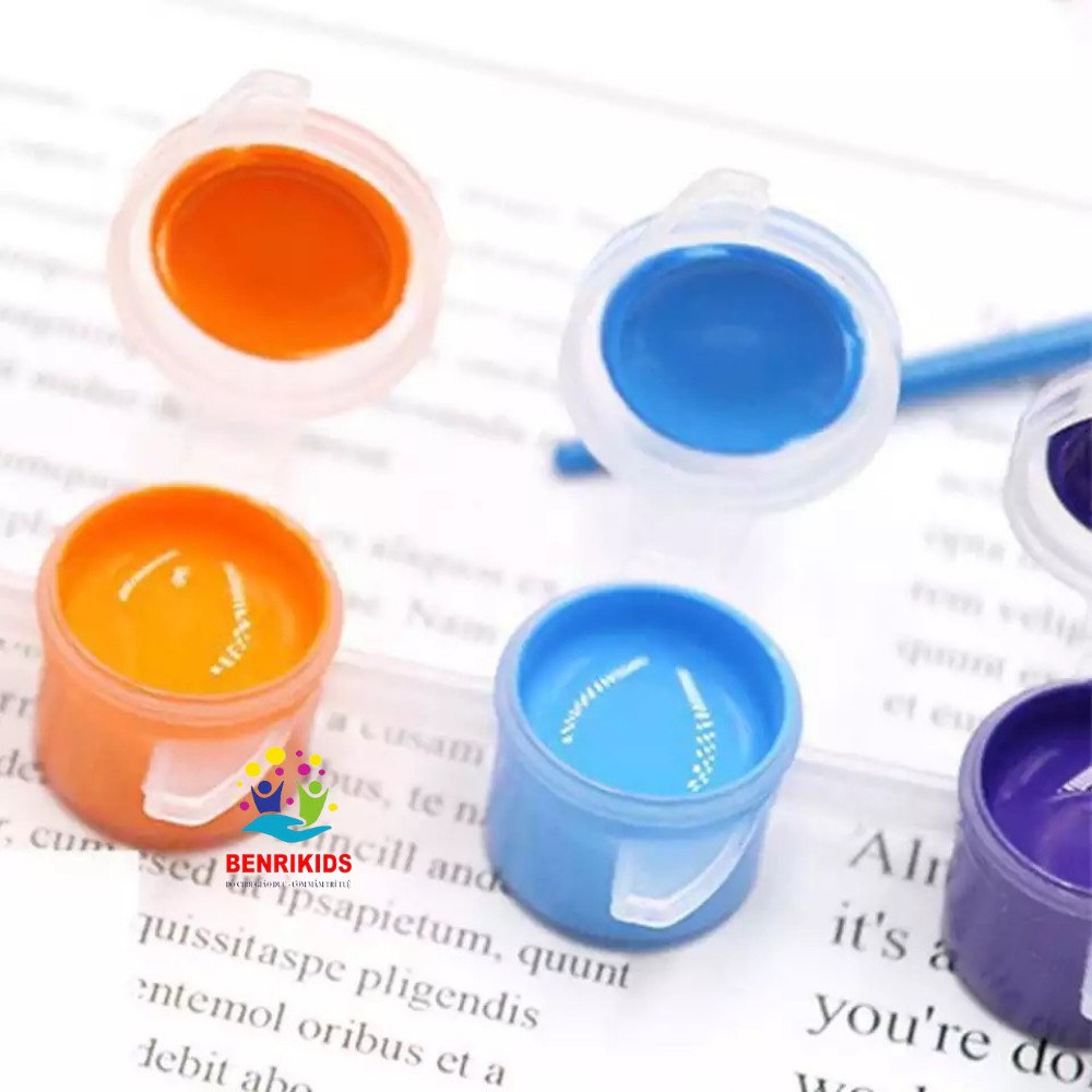 Sét 6 Màu Sơn Kèm Cọ Tô Màu, Màu Acrynic Dùng Để Pha, Tô Khủng Long Gỗ Chưa Sơn Của Đồ Chơi Gỗ