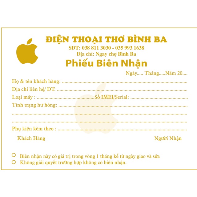 20q phiếu biên nhận thiết kế theo yêu cầu khổ a6
