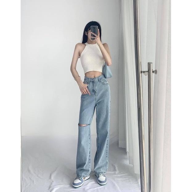Quần jeans nữ suông ống rộng phong cách Hàn Quốc ulzzang