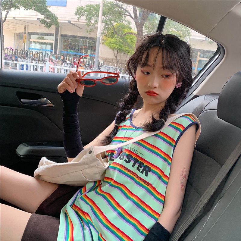 Áo không tay nữ Dáng Rộng In Chữ Màu Cầu Vồng Phong Cách Hàn Quốc Hàng Mới