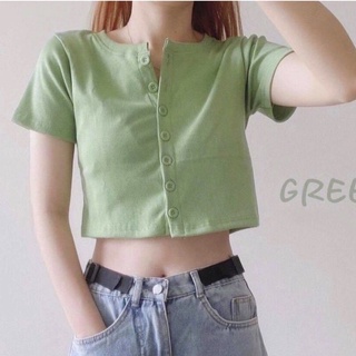 Áo croptop thun nữ cộc tay cổ tròn cài khuy chất cotton