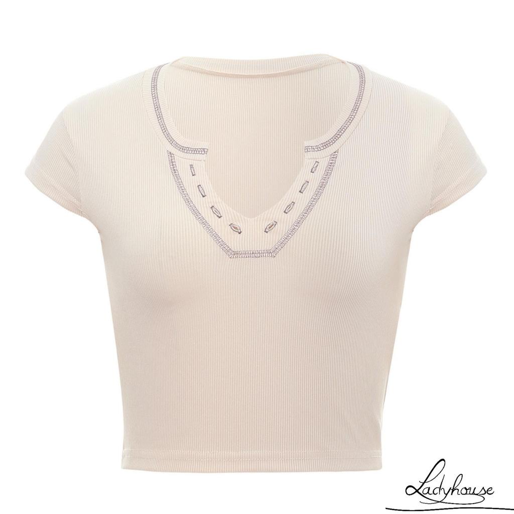 Áo Thun Crop Top Tay Ngắn Cổ Chữ V Có Gân Co Giãn Dành Cho Nữ