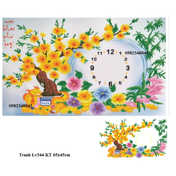 Tranh gắn đá đồng hồ cây mai KT:65x45cm,tranh đính đá chưa gắn.