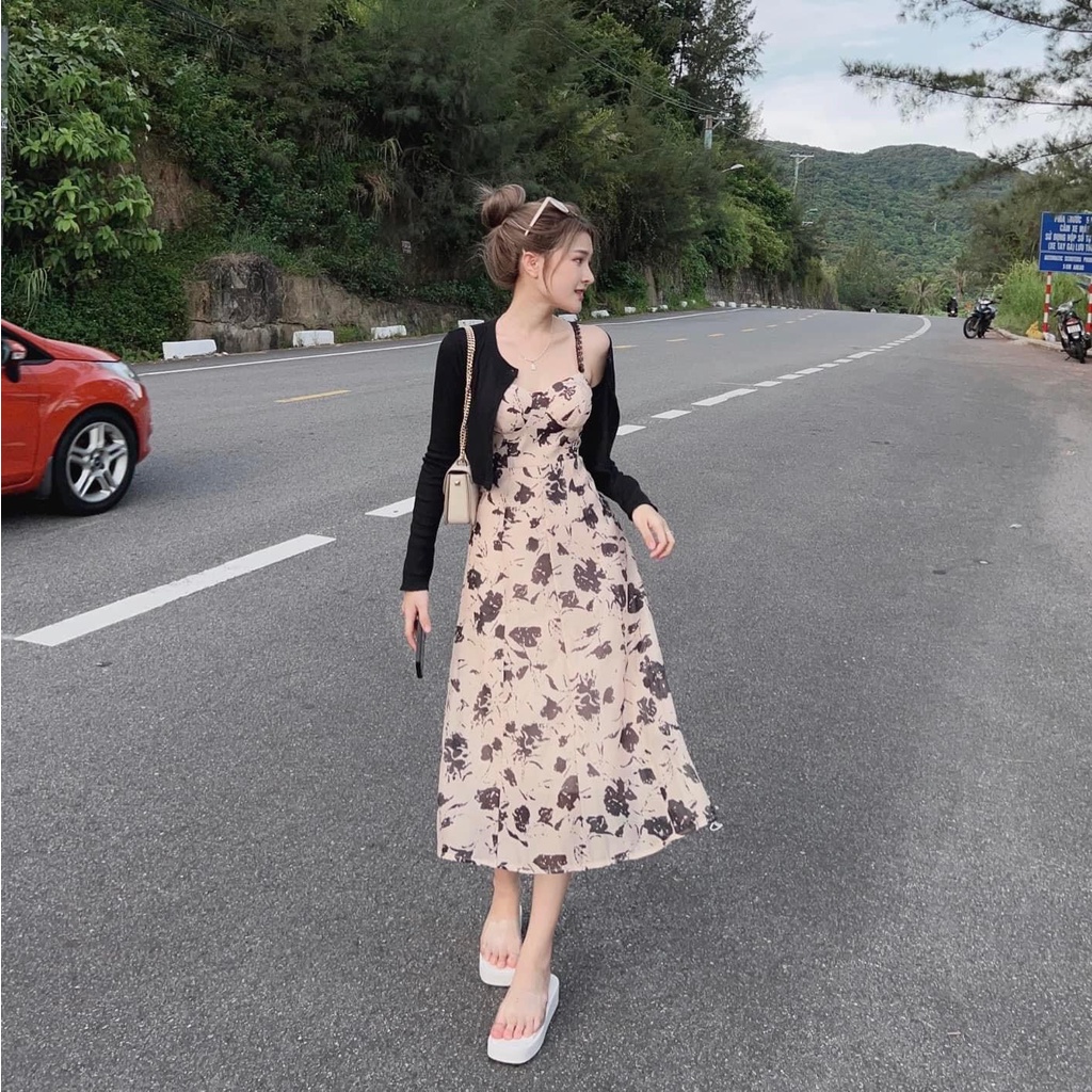 Set váy nữ 2 dây ren họa tiết lạ mắt mix với áo khoác đơn giản, nhẹ nhàng dành cho các nàng thơ đi chơi, đi dự tiệc