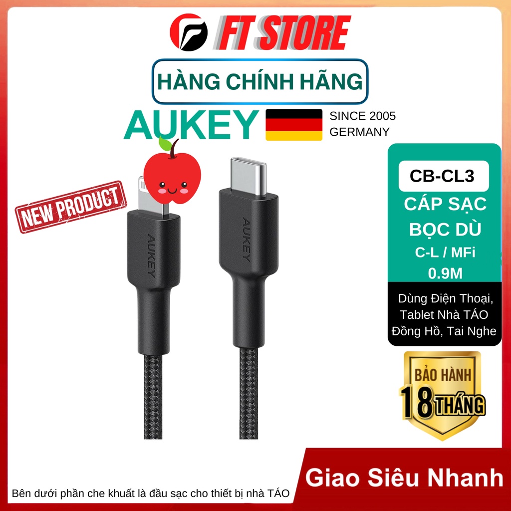 Cáp Sạc Nhanh IP12 Series cổng C to L Aukey CB-CL3 0,9m MFi,Hổ trợ sạc PD 22W,Bện Nylon BH18TH