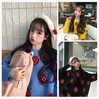 Áo nữ dệt kim tay dài phối họa tiết dâu tây ngọt ngào xinh xắn