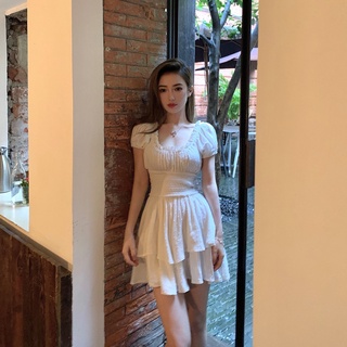 Đầm Chữ A Cổ Vuông Tay Ngắn Phồng Màu Trắng In Hoa Thời Trang Mùa Hè Hàng Mới Dành Cho Bạn Nữ
