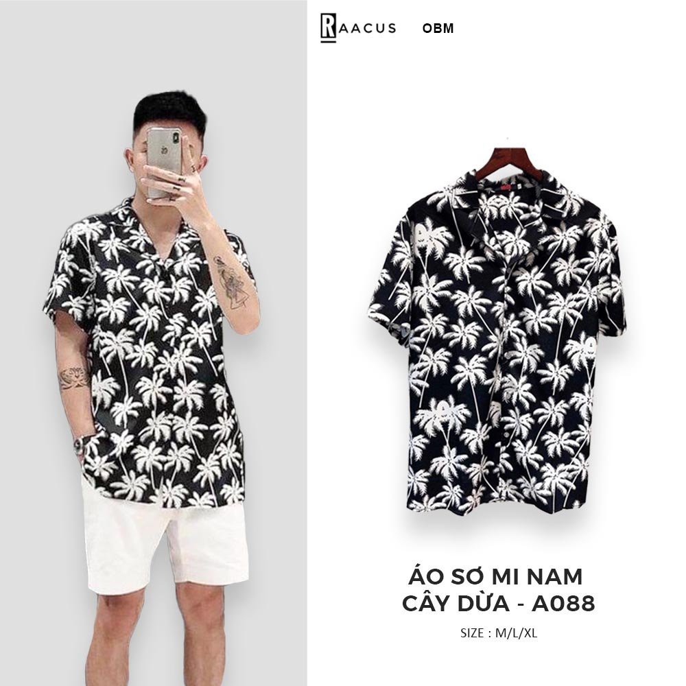 Áo sơ mi nam ngắn tay họa tiết cây dừa kiểu unisex Hàn Quốc đẹp, áo sơ mi nam họa tiết đi biển chất lụa RAACUS-A088 ་