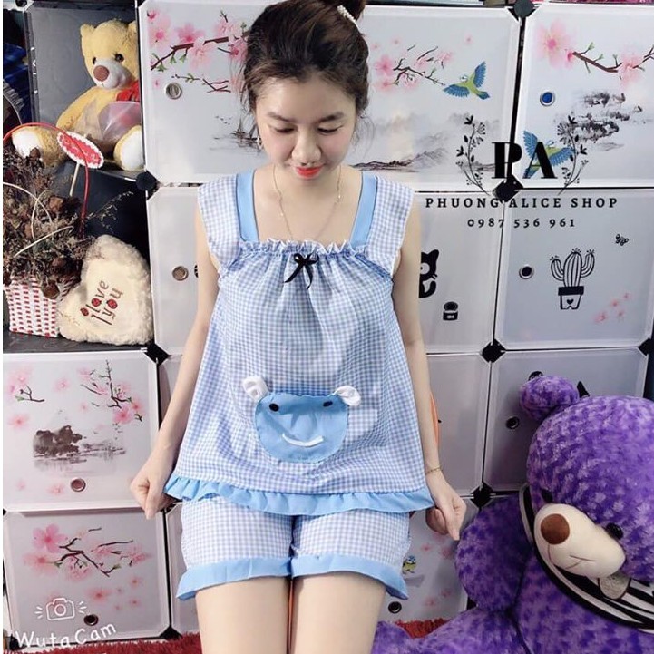 Đồ Bộ Nữ Mặc Nhà, Mẫu Đùi Caro Phối Túi Trước y hình chất liệu kate lụa mềm mát, size dưới 50kg đủ màu