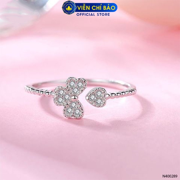 Nhẫn bạc nữ cỏ 4 lá đính đá dễ thương free size chất liệu 925 thời trang phụ kiện trang sức nữ Viễn Chí Bảo N400289x