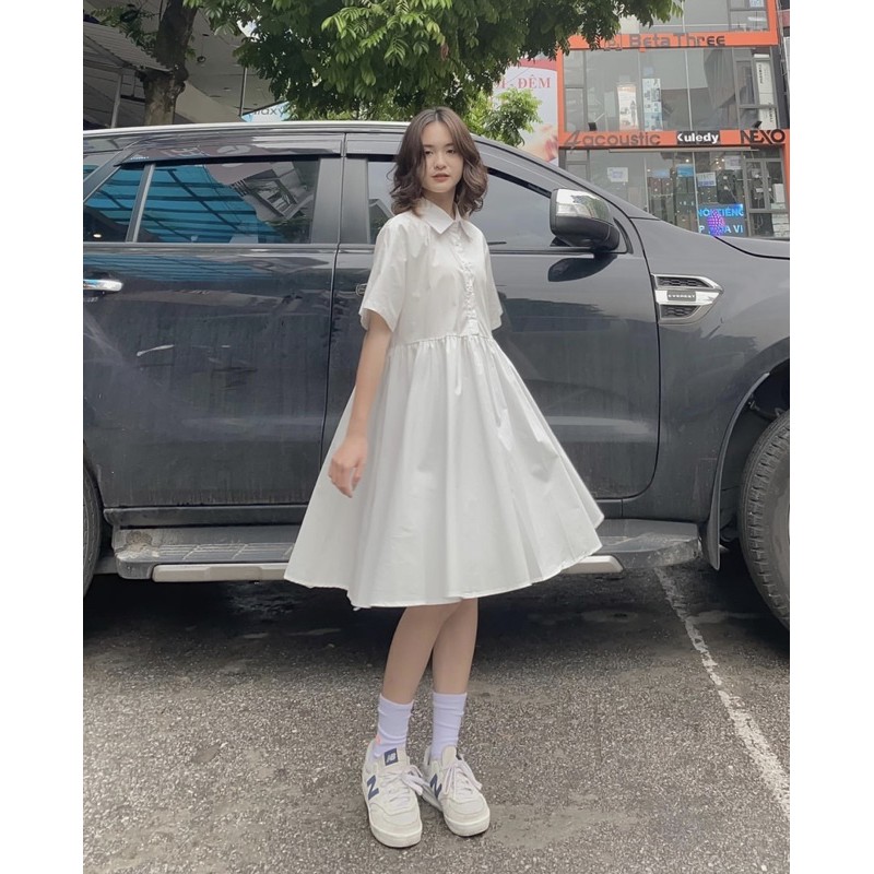 (CLIP THẬT) Đầm babydoll trắng cổ sơ mi dáng xòe | BigBuy360 - bigbuy360.vn