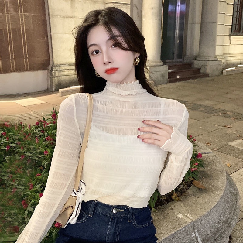 Áo thun tay dài cổ lọ phối ren thời trang xuân thu mới cho nữ 2021