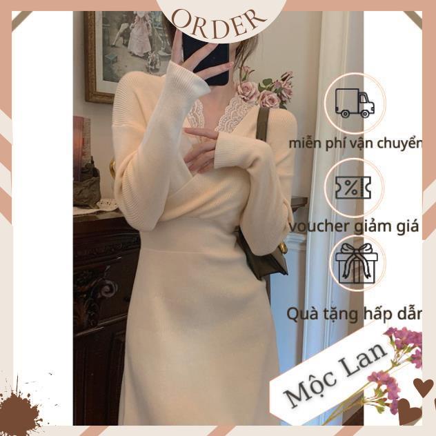 (MộcLan ORDER) Váy len midi cổ V pha ren phong cách Hàn Quốc thu đông -hàng chuẩn không phai hàng xưởng may lại | BigBuy360 - bigbuy360.vn