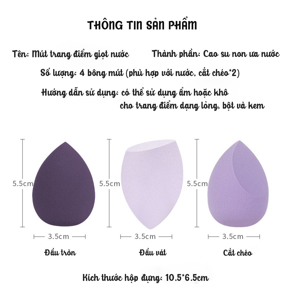 Bộ 4 mút  trang điểm Mian mềm mại không chứa cao su Latex, mút tán phấn kem nền đa năng